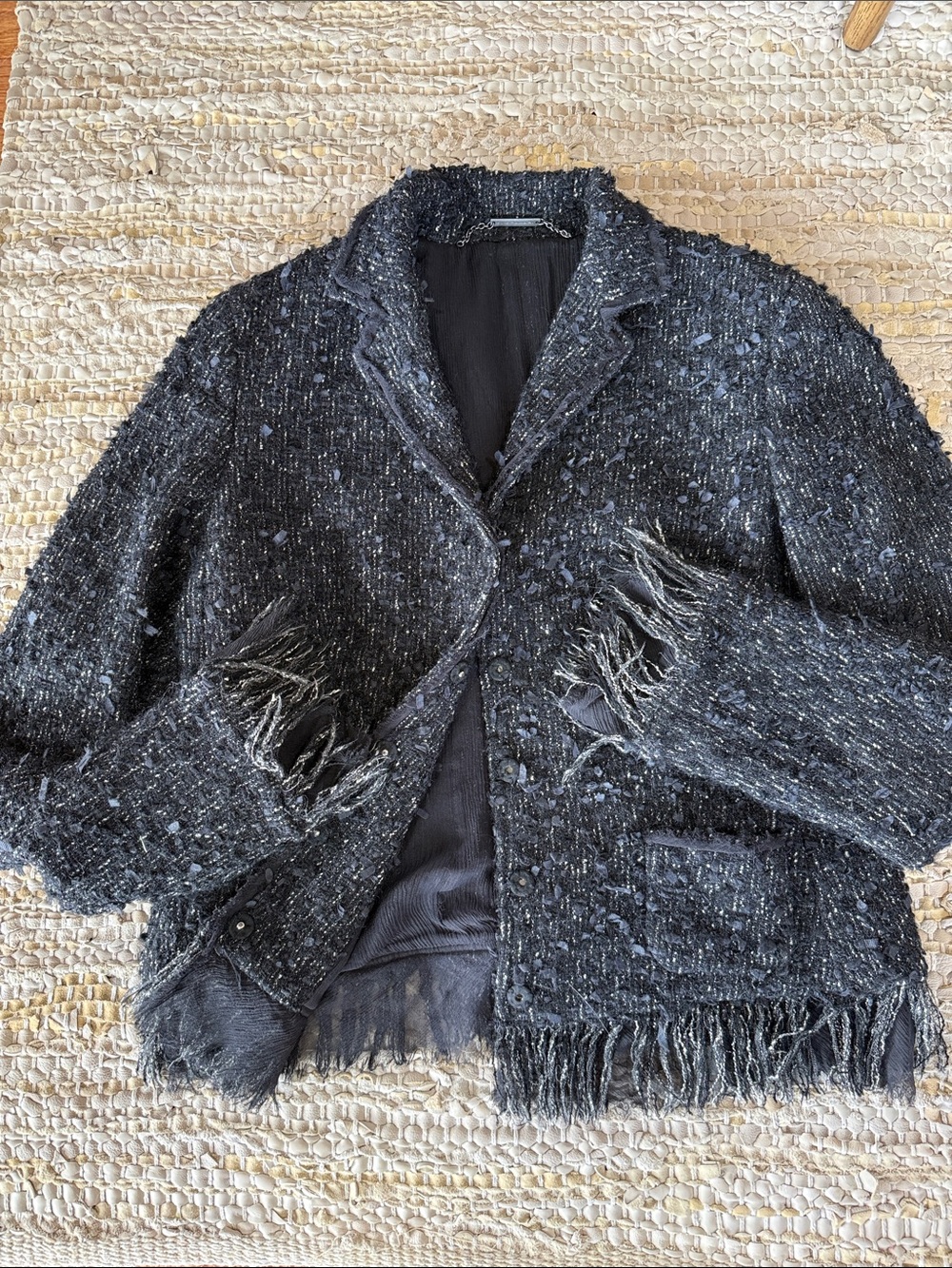 Elie Tahari Tweed Black Mohair Alpaca Silk Fringe Jacket Luxury Chic - Large